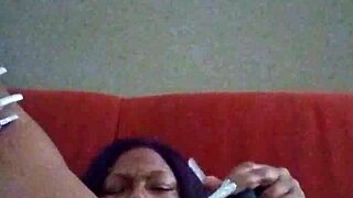 Ebony Woman Making Herself Creamy with Hairy Pussy