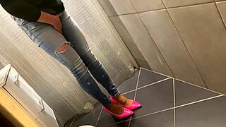 Desperate blonde milf pees in her jeans, then he pees on her ass, and she gives him a blowjob.