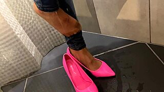 Desperate blonde milf pees in her jeans, then he pees on her ass, and she gives him a blowjob.