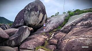 Hey, watch me deep throat and play with my tight pussy outdoors!