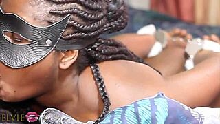 Handcuffed ebony slut Elvie endures intense face fucking and pussy pounding