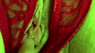 Shaved pussy in red thongs gets wet from fingering. Can't stop touching myself!