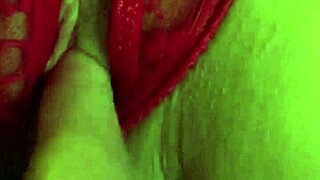 Shaved pussy in red thongs gets wet from fingering. Can't stop touching myself!