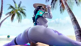 Widowmaker's passionate beach sex with big ass and monster cock