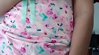 Model in sexy pink pajamas, innocent colleague