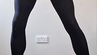 In this casual scene, a big tranny cock cums in pantyhose, with stockings and monster size