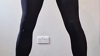 In this casual scene, a big tranny cock cums in pantyhose, with stockings and monster size