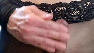 In this casual scene, a big tranny cock cums in pantyhose, with stockings and monster size