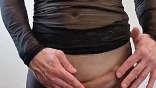 In this casual scene, a big tranny cock cums in pantyhose, with stockings and monster size