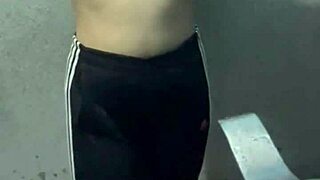 Curvy Ebony Student Teases in Hotel Bathroom Shorts