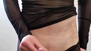 In this casual scene, a big tranny cock cums in pantyhose, with stockings and monster size