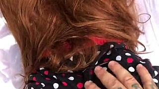 Pervert cums inside stepdaughter's pussy, full on red and sheer toy.