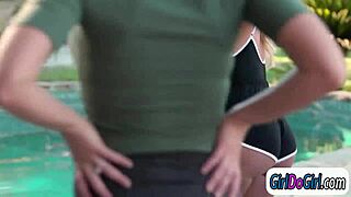 Blonde wife cheats with the hot poolgirl and facesits her passionately