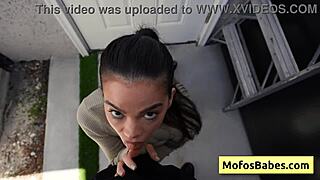 Sexy brunette Angelina Moon pays gardener Logan Xander with wet blowjob. She offers juicy pussy too.