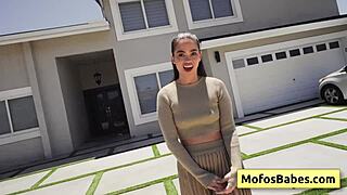 Sexy brunette Angelina Moon pays gardener Logan Xander with wet blowjob. She offers juicy pussy too.