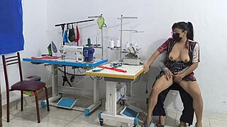 Intense seduction unfolds with ebony beauty in sewing workshop