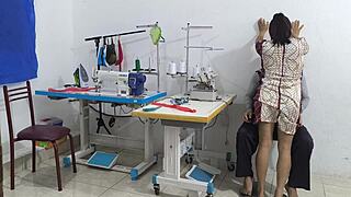 Intense seduction unfolds with ebony beauty in sewing workshop