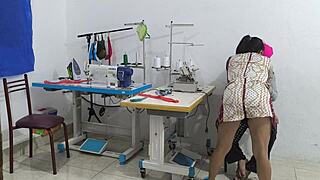 Intense seduction unfolds with ebony beauty in sewing workshop