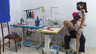 Intense seduction unfolds with ebony beauty in sewing workshop