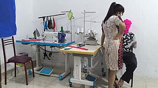 Intense seduction unfolds with ebony beauty in sewing workshop