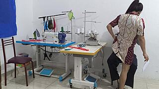 Intense seduction unfolds with ebony beauty in sewing workshop