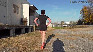 Cute brunette housewife strolls docks without bottoms