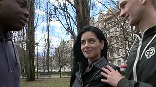 Dark haired babe in red lace enjoys a big black monster cock as her man licks her pussy