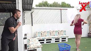 the neighbor spies and enters to fuck her