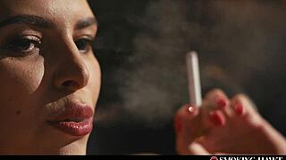 Hot Brunette In Sexy Lingerie Touches Herself While Smoking Cigarette