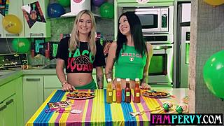 Stepsisters' hot sauce challenge leads to threesome blowjob and ass fucking with stepbro