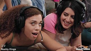 Gamer girls bent over in co-op mode interracial doggystyle fuck