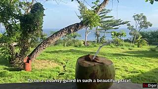 Security guard catches naughty brunette and drills her by sea