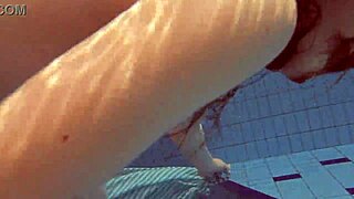 Sexy petite Russian teen Libuse with small tits in pool and beach adventures