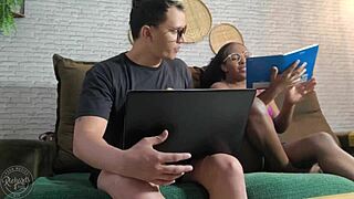 young students ditch studying for some creampie action on the sofa