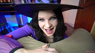 This slut witch bounces her tight pussy on a big cock for halloween