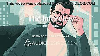 She rubs her tits during the interview, cums hard, then begs for my cock.