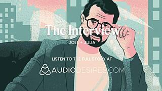 She rubs her tits during the interview, cums hard, then begs for my cock.