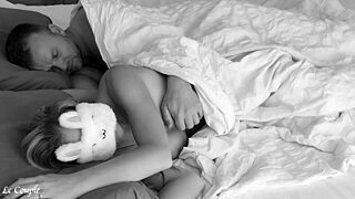 Hey, husband wakes up blindfolded wife, fingering her to orgasm and finishing with a facial in bedroom.