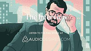 She rubs her tits during the interview, cums hard, then begs for my cock.