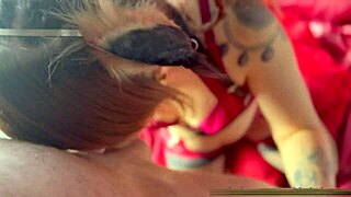 cute cosplayer drooling on a monster cock while moaning in her throat.