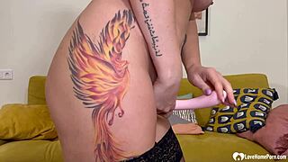 in her homemade setup, the mature babe with big tits pleasures herself with a dildo