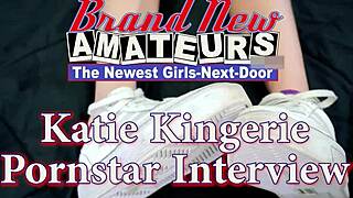 Petite brunette Katie Kingerie sucks hard cock and swallows cum