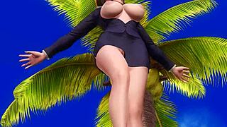 topless girl poses on beach lifting skirt to show big ass and tits