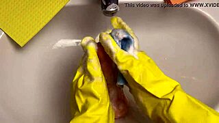 hot housewife cleans dildo after using it on her pussy