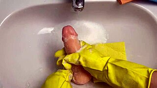 hot housewife cleans dildo after using it on her pussy