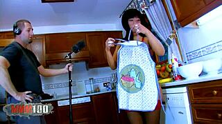 Watch this Asian MILF get destroyed in the kitchen, he says