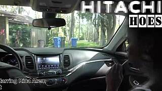 behind the scenes, rina arems masturbates with hitachi wand in a car.