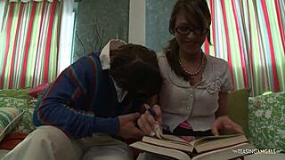 After intense studying, cute brunette unwinds with a wild ride