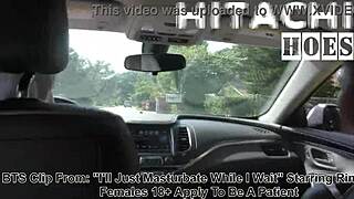 behind the scenes, rina arems masturbates with hitachi wand in a car.