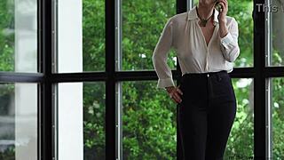 submissive business woman exposed and blindfolded in public